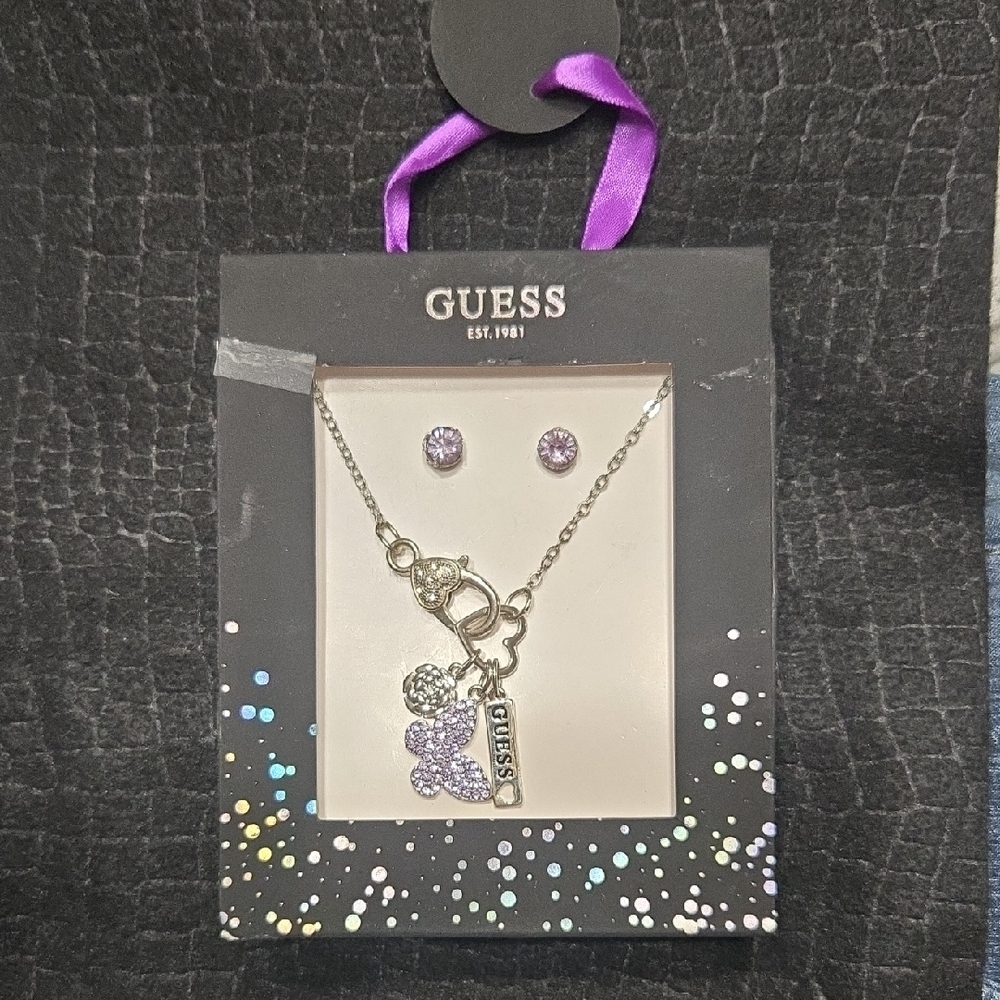 Guess Silver and Lavender Necklace/Earring Gift Set BNIB